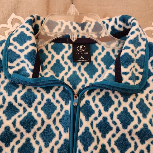 Lands End, Large 14-16, Teal & White, Long Sleeve Zippered Fleece Top - Picture 4 of 5